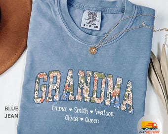 Camisa floral personalizable para abuela Comfort Colors® con los nombres de los nietos, regalo del Día de la Madre para la abuela Nana, camisa boho Gigi Mimi, camisa Nana