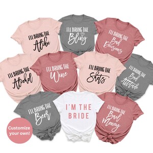 Ik zal de Bachelorette Shirts brengen, ik zal de alcohol brengen, slechte beslissingen, alibi, Bling, Bruid, Meisjes drinkshirts, Bachelorette Party