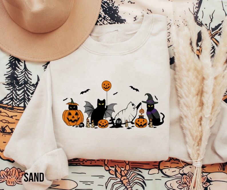 Cat halloween sweatshirt, ghost cat shirt, Halloween Sweater, Halloween Cat Shirt, Cat Lover Shirt, Black Cat Shirt, Spooky Season image 1