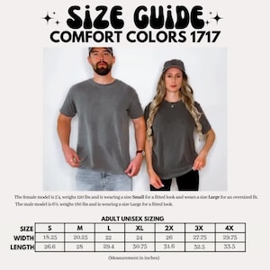 May include: Size chart for unisex t-shirts in sizes S through 4X. The chart shows the width and length measurements in inches for each size.