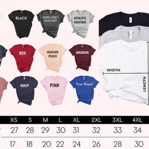 Op de afbeelding: Maattabel voor T-shirts in verschillende kleuren, waaronder wit, zwart, donkergrijs melange, atletisch melange, middernachtblauw, rood, perzik melange, bordeauxrood, mauve melange, marineblauw, roze en koninklijkblauw. De tabel toont de lichaamsbreedte en -lengte in inches voor maten XS tot en met 4XL.