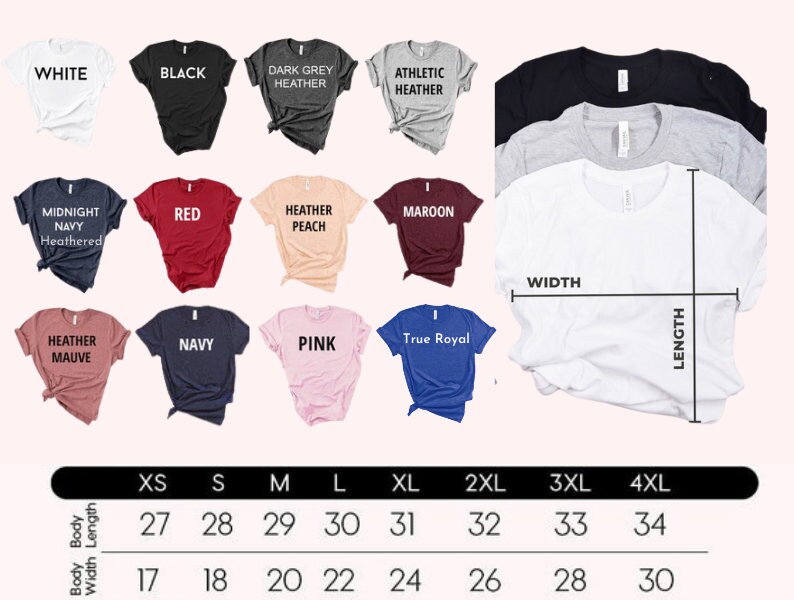 Op de afbeelding: Maattabel voor T-shirts in verschillende kleuren, waaronder wit, zwart, donkergrijs melange, atletisch melange, middernachtblauw, rood, perzik melange, bordeauxrood, mauve melange, marineblauw, roze en koninklijkblauw. De tabel toont de lichaamsbreedte en -lengte in inches voor maten XS tot en met 4XL.