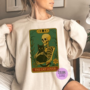 halloween cat shirt, Cat Lover Tarot Sweatshirt, Cat Mom Gifts Sweatshirt, Cat Dad Skeleton Crewneck, Cat Lovers Gifts, Moon Phase Cat shirt