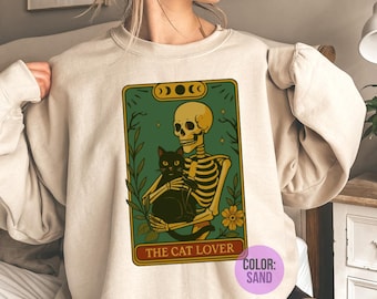 Maglietta di Halloween con gatto, Felpa con Tarocchi per amanti dei gatti, Felpa con regalo per mamma gatto, Felpa con girocollo con scheletro per papà gatto, Regali per amanti dei gatti, Maglietta con fasi lunari per gatti