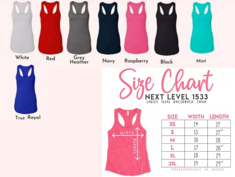 Op de afbeelding: Maattabel voor een racerback tanktop in verschillende kleuren, waaronder wit, rood, grijs melange, marine, framboos, zwart, mint en koninklijk blauw. De tabel toont maten XS tot 2XL met de bijbehorende breedte- en lengtematen in inches.