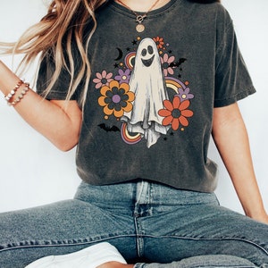 Retro Halloween Comfort Colors shirt, Flower Ghost Sketch Shirt, Vintage Ghost Halloween Shirt, Witch Shirt, Retro Fall Shirt, Fall Shirt
