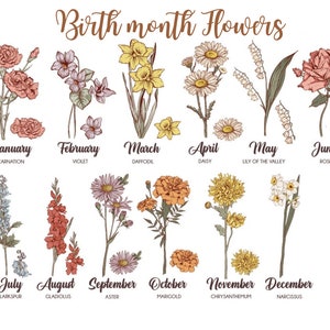 May include: A chart showing the birth month flowers. Each month is represented by a flower with its name and common name listed below. The flowers are illustrated in a vintage style.