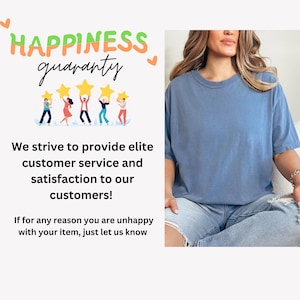 May include: A graphic with the text "HAPPINESS guaranty" and five cartoon people holding stars. The text below reads "We strive to provide elite customer service and satisfaction to our customers! If for any reason you are unhappy with your item, just let us know."