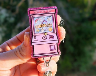 Retro Arcade Kindness Badge Reel, Handmade ID Holder, Gaming Accessory