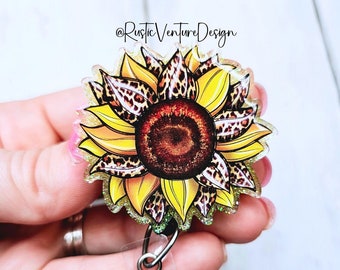 Leopard Print Sunflower Badge Reel: Interchangeable ID Holder