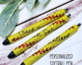Personalized Softball Glitter Gel Pen: Refillable Resin Pen