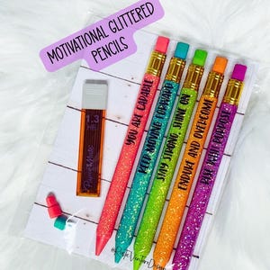 Motivational Glitter Mechanical Pencils Set with Refills & Extra Erasers – Inspirational Quotes for School or Work