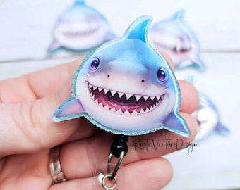Smiling Shark Badge Reel | Glitter Ocean Retractable ID Holder for Nurses & Teachers