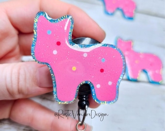 Pink Animal Cookie Badge Reel | Retractable ID Holder for Nurses & Teachers