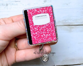 Pink Composition Notebook Badge Reel: Interchangeable Heavy Duty Lanyard
