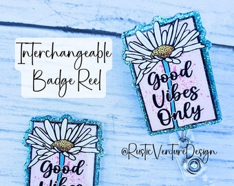 Good Vibes Only Daisy Badge Reel | Glitter Floral ID Holder