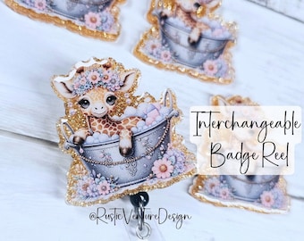 Baby Giraffe Badge Reel | Floral Bubble Bath Retractable ID Holder for Nurses & Teachers