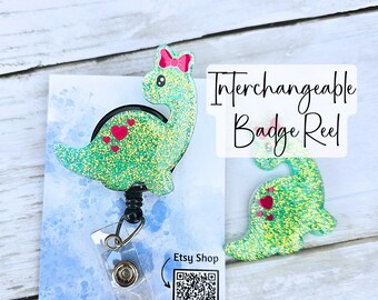 Glitter Brontosaurus Badge Reel | Green Dinosaur Retractable ID Holder with Pink Bow