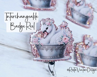 Bobine badge cygne | Porte-cartes d'identité rétractable à paillettes florales pour infirmières et enseignants
