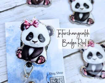 Panda Badge Reel | Glitter Retractable ID Holder with Pink Bow for Nurses & Teachers