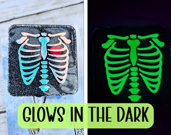 Glow Skeleton X-Ray Badge Reel with heart: Radiology Tech ID Holder