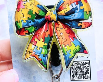 Autism Awareness Badge Reel, Puzzle Bow ID Badge Holder, Nurse Teacher Retractable Badge Reel