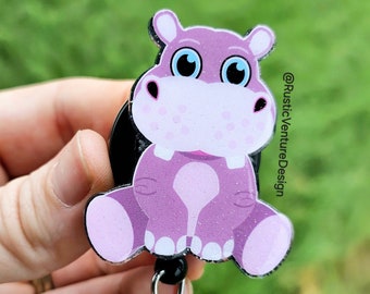 Purple Hippo Badge Reel | Animal Retractable ID Holder for Nurses & Teachers