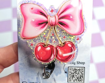 Cherry Bow Badge Reel | Retro Glitter Retractable ID Holder for Nurses & Teachers