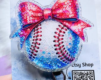 Baseball Badge Reel, Sequin Bow ID Badge Holder, Nurse Retractable Badge Reel, lanyard, keychain, magnet