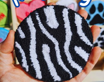 Zebra Print Mug Rug, Handcrafted punch needle animal print coaster