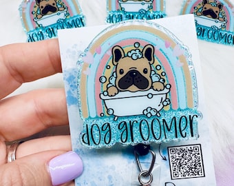 Handmade Dog Groomer Badge Reel, Puppy Bath Rainbow Glitter ID Holder
