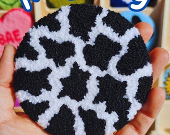 Cow print Mug Rug, Handcrafted punch needle animal print coaster