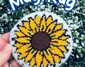 Sunflower Mug Rug, Handcrafted punch needle flower coaster