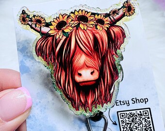Highland Cow Badge Reel, Sunflower Cow ID Badge Holder, Nurse Retractable Badge Reel