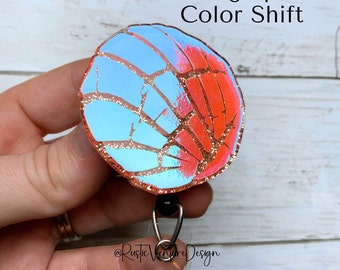 Holographic Concha Badge Reel | Color Shift Pan Dulce Retractable ID Holder