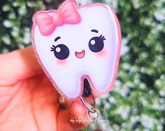 Smiling Tooth Badge Reel, Dental Hygienist ID Holder, Handmade Accessory