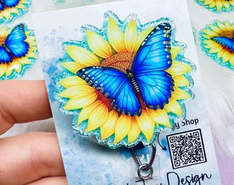 Handmade Sunflower Butterfly Badge Reel, Retractable ID Holder, Glitter Accent Scrubs Accessory