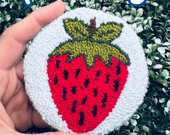 Strawberry Mug Rug, Handcrafted punch needle fruit coaster
