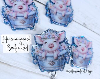 Piglet Badge Reel | Floral Glitter Farm Animal Retractable ID Holder for Nurses & Teachers