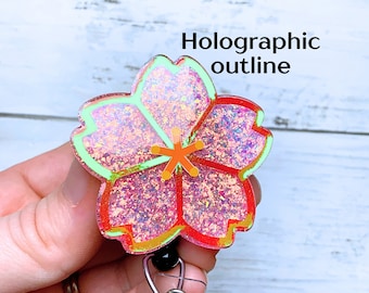 Glitter Hibiscus Badge Reel | Tropical Flower Retractable ID Holder for Nurses & Teachers