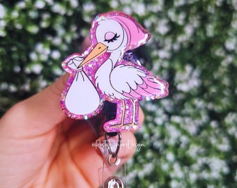 Pink Stork Badge Reel: L&D, NICU Nurse Badge Holder