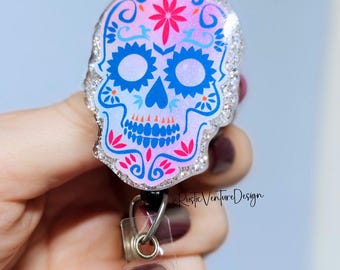 Sugar Skull Badge Reel, Interchangeable ID Holder, Day of the Dead Lanyard
