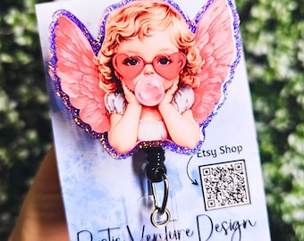 Cupid Angel Badge Reel • Bubblegum Cupid Angel ID Badge Holder • Nurse Badge Reel • Retractable ID • Interchangeable Topper or Permanent
