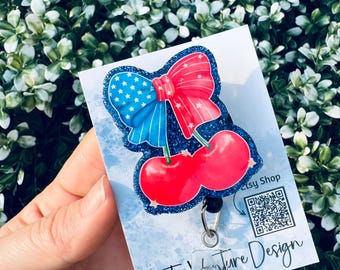 American Cherries Badge Reel, Patriotic Cherry, America, Memorial Day, Bow, Cherries