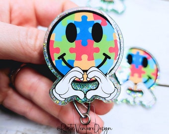 Autism Awareness Puzzle Smiley – Glitter Retractable Reel