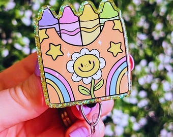 Handmade Crayon Box Badge Reel, Rainbow Flower ID Holder, Teacher Accessory