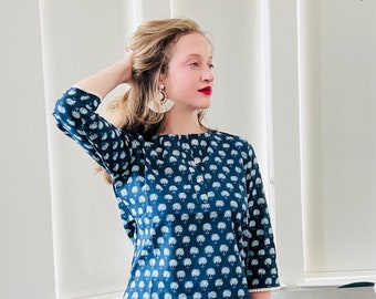Superior quality 100 percent cotton fabric. Cotton shirt. Indian cotton kurti. Women&#39;s top. Indigo Kurti. Beautiful prints from India.