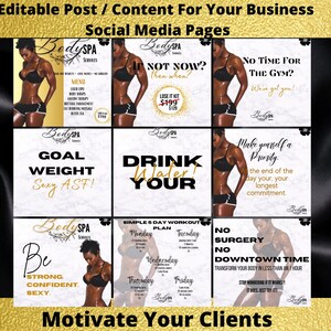 May include: A collage of nine images promoting a spa and fitness business. The images feature motivational quotes, workout plans, and a woman in various poses. The text includes phrases like "Goal Weight Sexy AST!" and "Drink Water! Your".