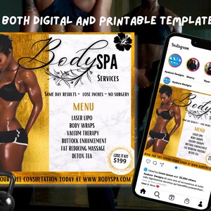 May include: A digital marketing flyer for a body spa service. The flyer features a woman in a black bikini and the text "Body SPA Services" in gold lettering. The flyer also includes a menu of services, including laser lipo, body wraps, vacuum therapy, buttock enhancement, fat reducing massage, and detox tea. The flyer also includes the text "Same Day Results - Lose Inches - No Surgery" and "Book Our Free Consultation Today at www.bodyspa.com".