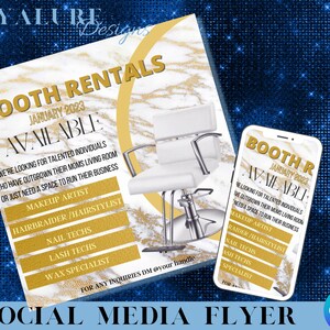 White and Gold Flyer, Booth Rental Flyer, D.I.Y Canva Booth for Rent Flyer Template. Editable Canva Social Media Flyer